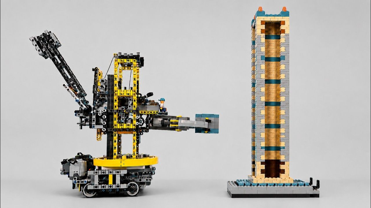 Машинка Lego Technic строит башню из кубиков – Переживет ли она землетрясение? смотреть онлайн