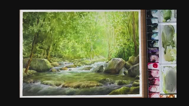 Акварельная картина «Ручей в лесу»
