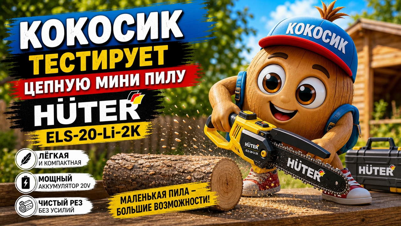 Кокосик тестирует цепную мини пилу Huter ELS-20-Li-2К