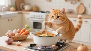 Котенок готовит себе питательный суп, чтобы помочь своей маме-кошке оставаться здоровой