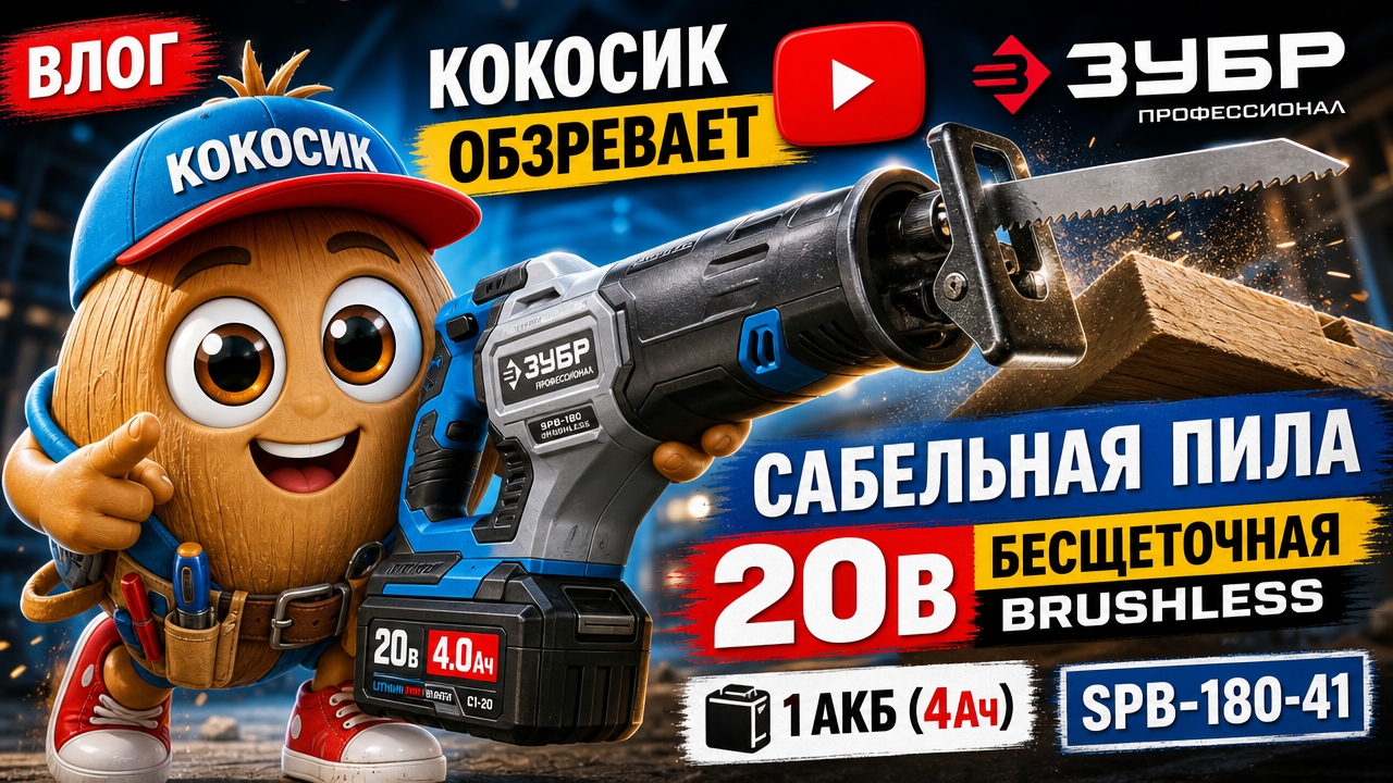 Кокосик обозревает сабельную пилу ЗУБР 20В бесщеточная, 1 АКБ (4Ач), Профессионал. SPB-180-41. Влог