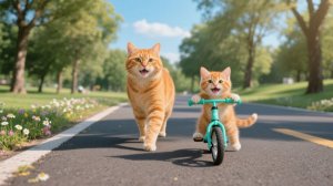 Котенок Джинджер учится кататься на велосипеде, мама-кошка очень о нем заботится