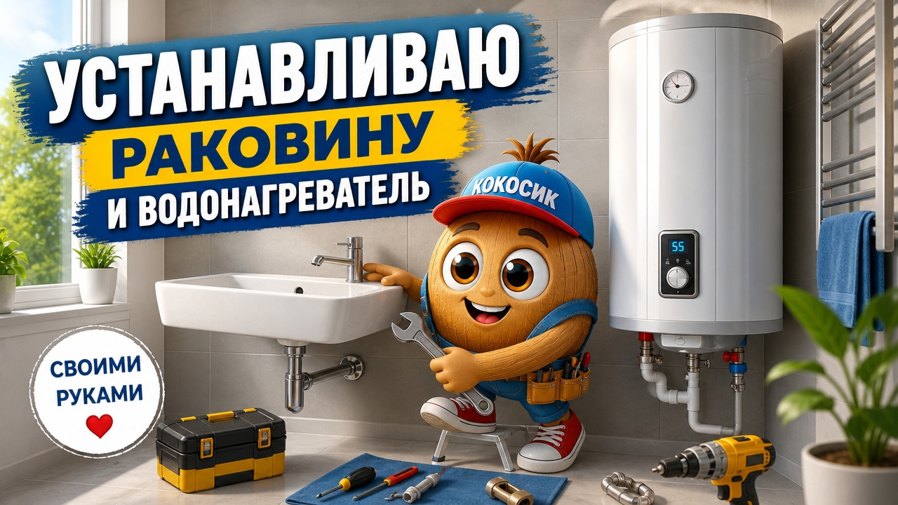 Кокосик монтирует водонагреватель и раковину
