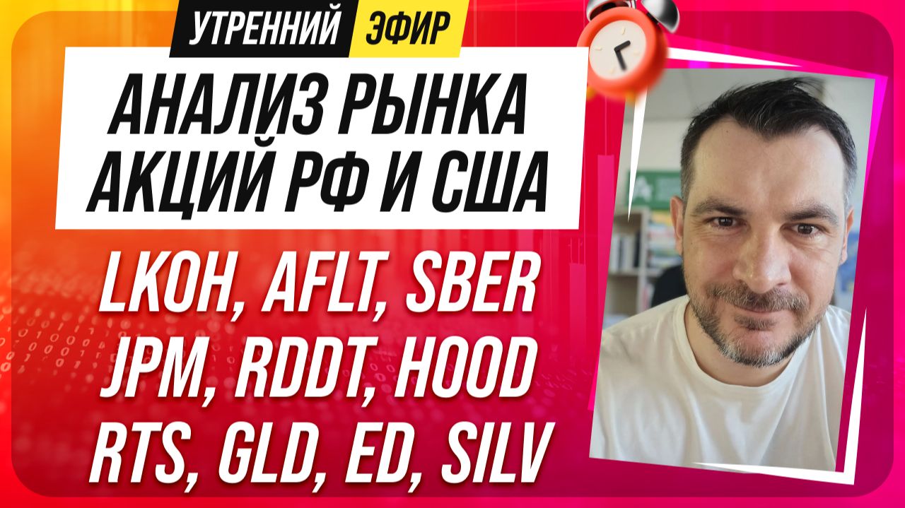 Анализ рынка акций РФ и США/ LKOH, AFLT, SBER, JPM, RDDT, HOOD/ RTS, GLD, ED, SILV