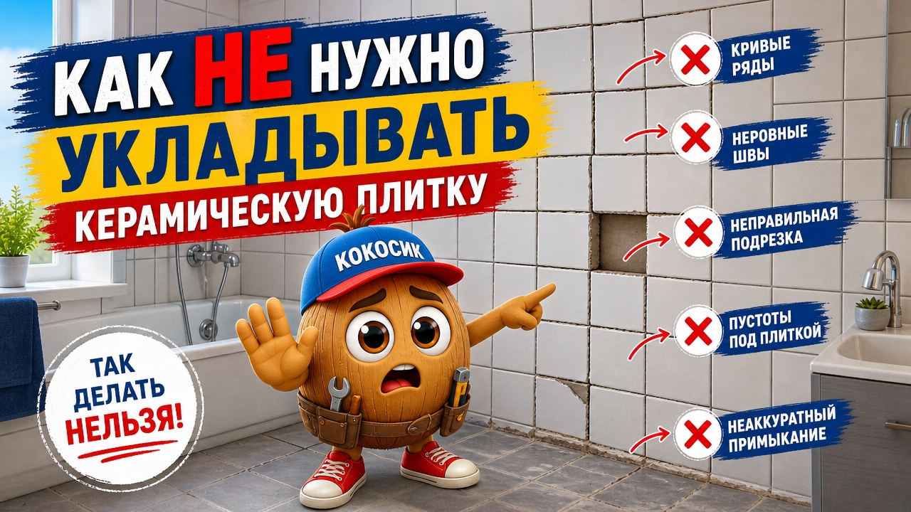 Кокосик показывает как не надо клеить керамическую плитку в ванной комнате