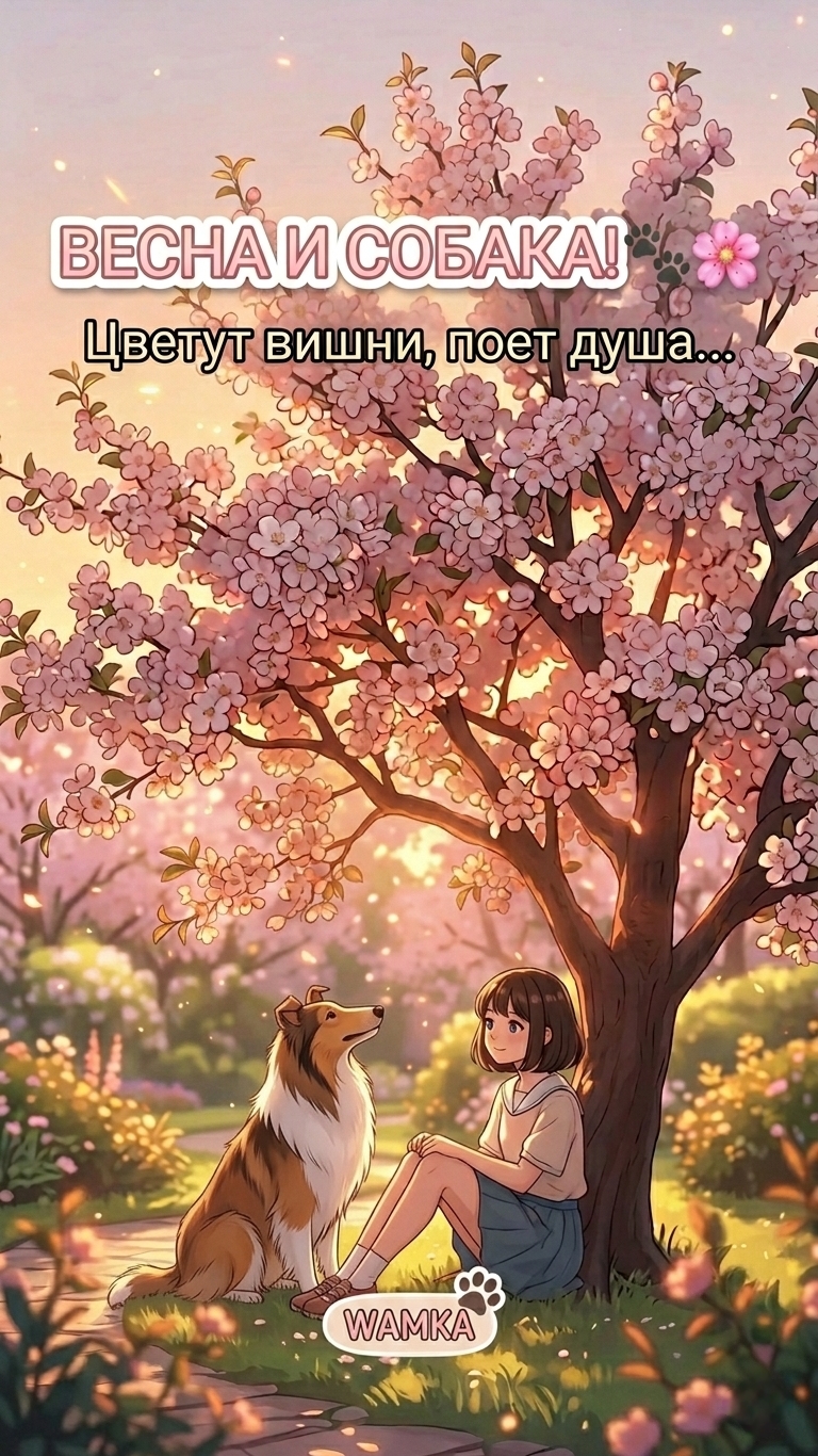 Счастливая собака в цветущей вишне! 😍🌸