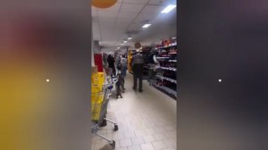 Собака помогает своему пожилому хозяину носить вещи в магазине