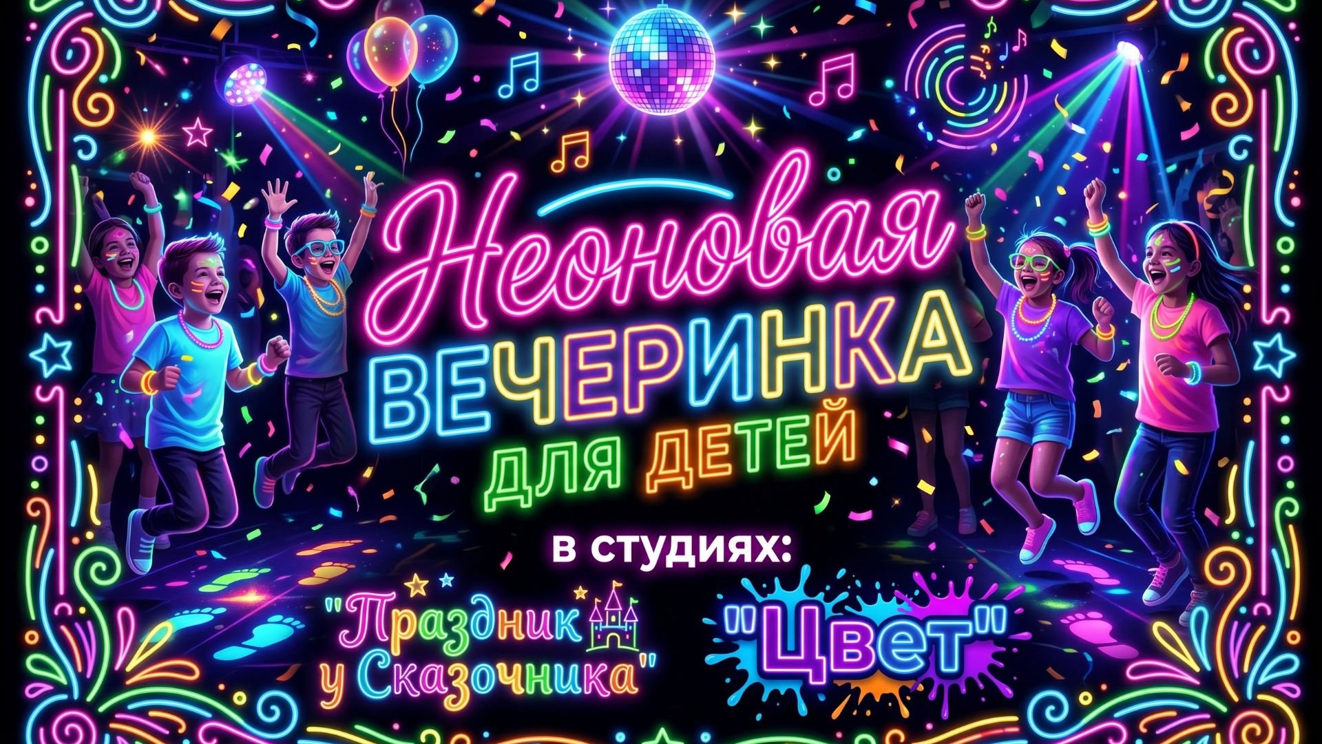 Неоновая вечеринка для детей в студиях праздник у Сказочника Цвет
