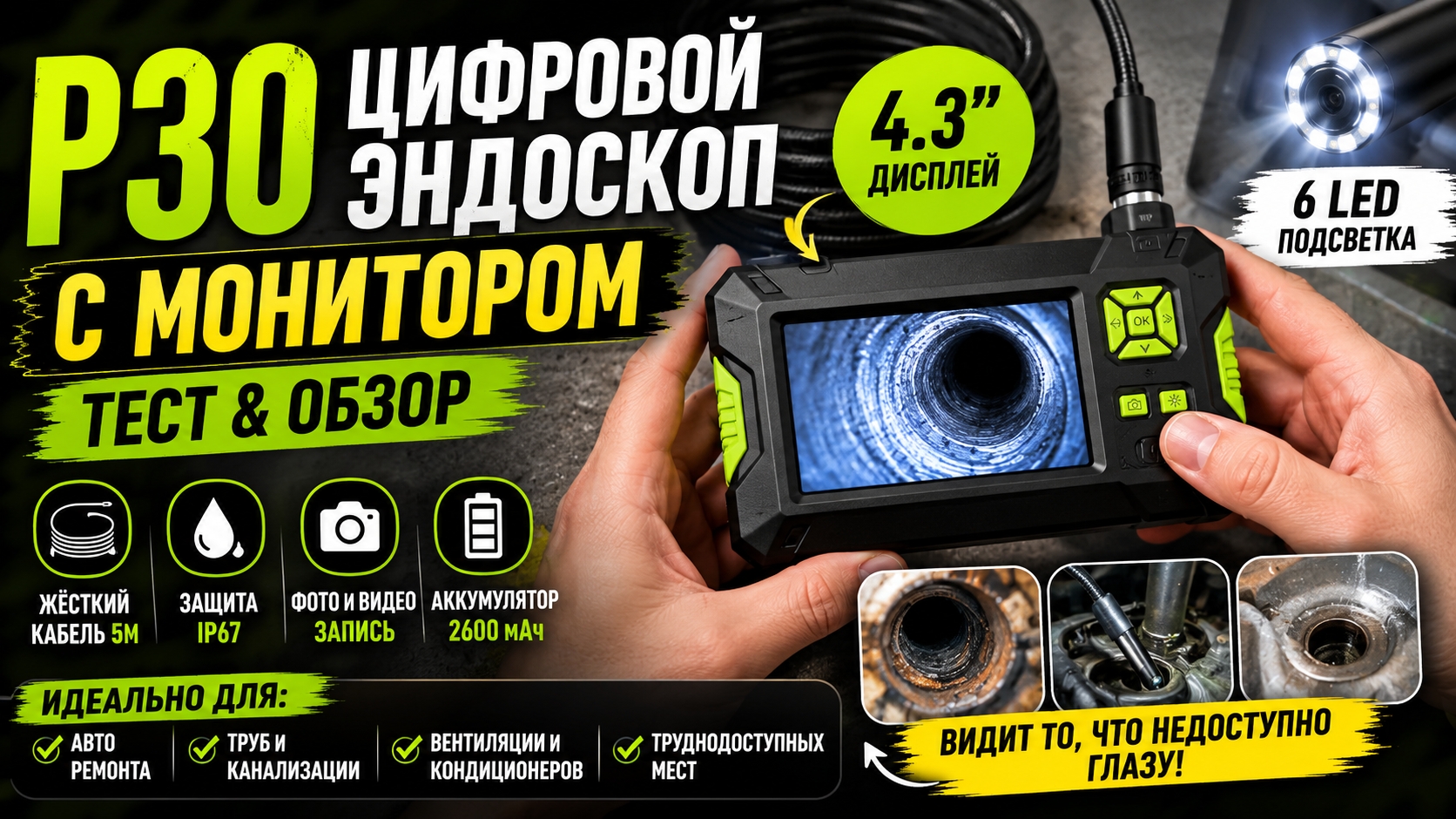 Портативный цифровой эндоскоп с монитором P30 handhold screen endoscope смотреть онлайн