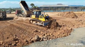 Experts Driver Clearing Land By Dozer Shatui Push Stone Into Water & Dump Trucks 10 Wheels Unloaded