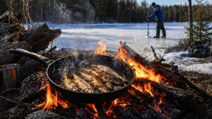 Готовлю свежую рыбу корюшку  на замёрзшем озере | Зимняя рыбалка и приготовление улова