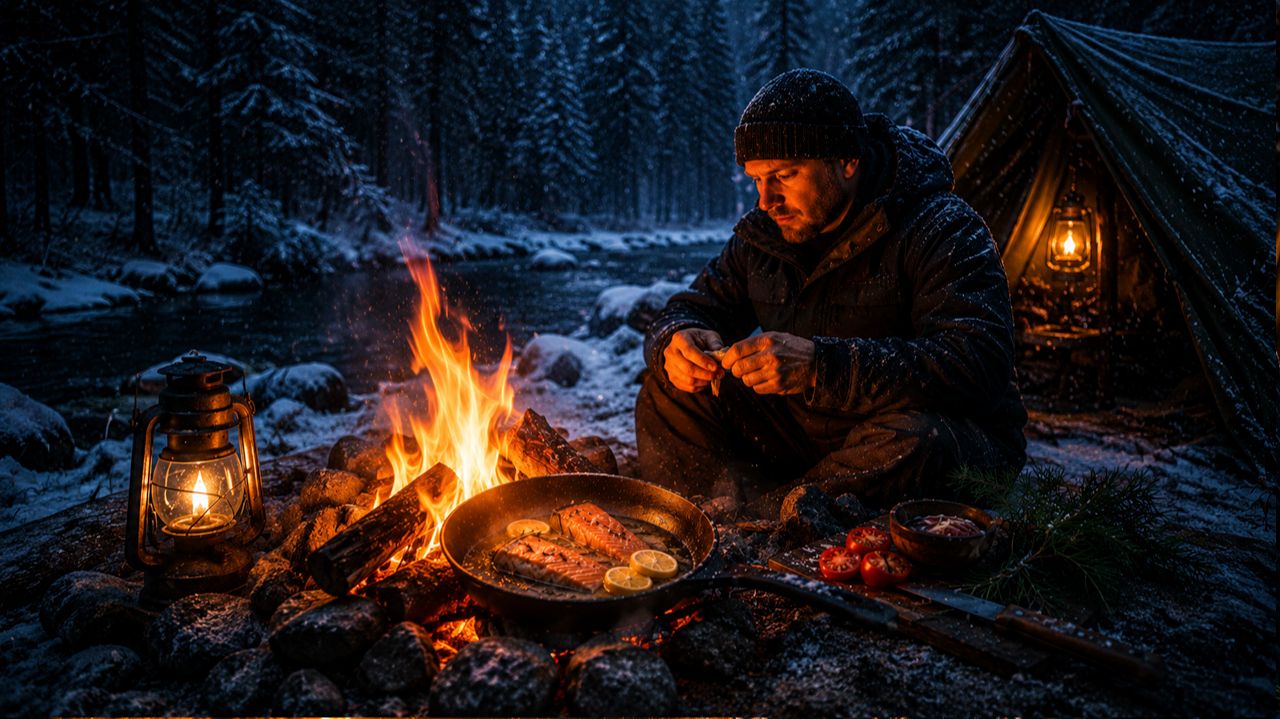 Один в зимнем лесу | Мясо на костре среди снега • Bushcraft ASMR