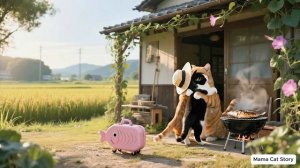 Рыжий котенок учится выращивать рис 🌾 #Мама-кошка превращает поле в урок 🐾