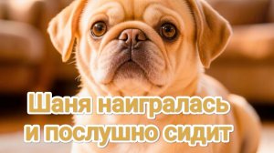 Шаня наигралась,послушно сидит и ждёт свой завтрак. Мопс