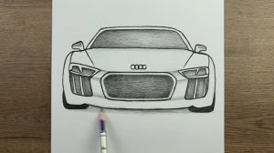 Урок рисования, как нарисовать автомобиль, рисунок Audi R8, пошаговый урок рисования для начинающих