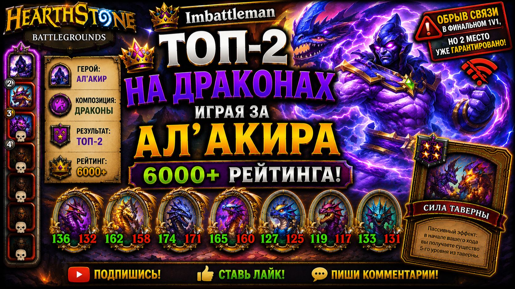 Hearthstone Battlegrounds | Уверенный Топ-2 на Драконах | Ал'акир | 6000+
