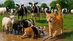 Мама-кошка и котята помогают на коровьей ферме 🐱🐄 #Трогательная история о деревенских животных