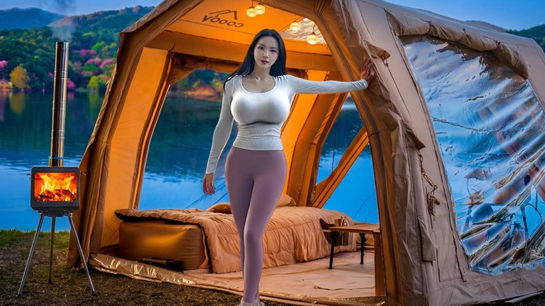 Уединенный отдых на природе у озера в уютной надувной палатке — Camp ASMR 4K