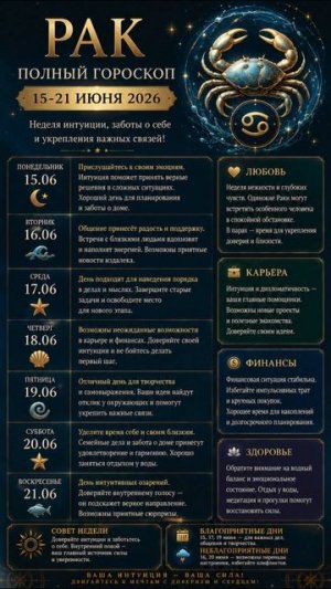 Рак. Полный гороскоп на 15-21 июня 2026 года