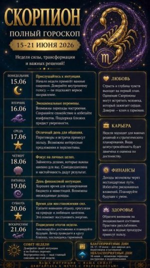 Скорпион. Полный гороскоп на 15-21 июня 2026 года