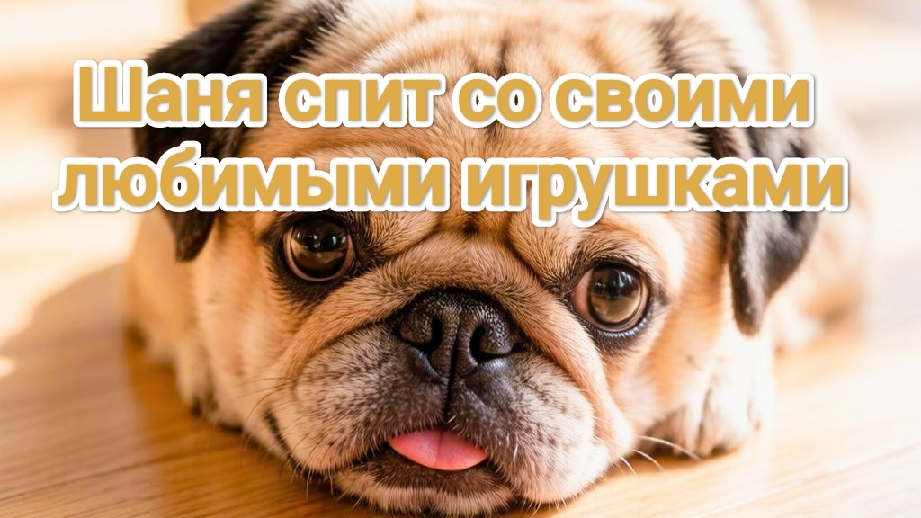 Шаня спит со своими любимыми игрушками. Мопс