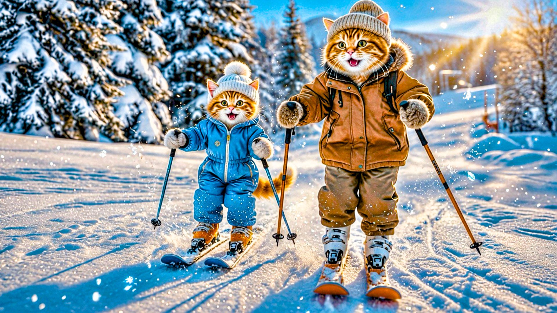 Мама кошка и котёнок на лыжах ❤️ Милые ИИ Мультики для Детей смотреть онлайн