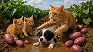 Мама-кошка и два котенка спасают щенка с картофельной фермы 🐱🐶 #Безопасная и трогательная история