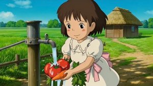 Видео в стиле Ghibli, создающее атмосферу уюта, кемпинга в горах, кулинарии и мирного дня