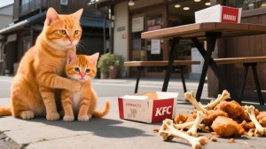 Кошка Рыжая мама усердно трудится, чтобы принести домой любимую жареную курицу своего котенка 🍟🍗