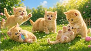 ПЯТЬ СЧАСТЛИВЫХ ЗОЛОТЫХ КОТЯТ БЕГАЮТ ЕДЯТ И ИГРАЮТ НА СВЕЖЕМ ЗЕЛЁНОМ ЛУГУ