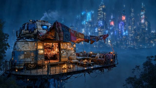 Lofi Zen - Rainy Night Lofi Beats from a Trailer Retreat Above Neon Lights ｜ For Relaxation ｜