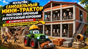 Мультфильм: мини-трактор построил прочный двухэтажный коровник из кирпича и бетона