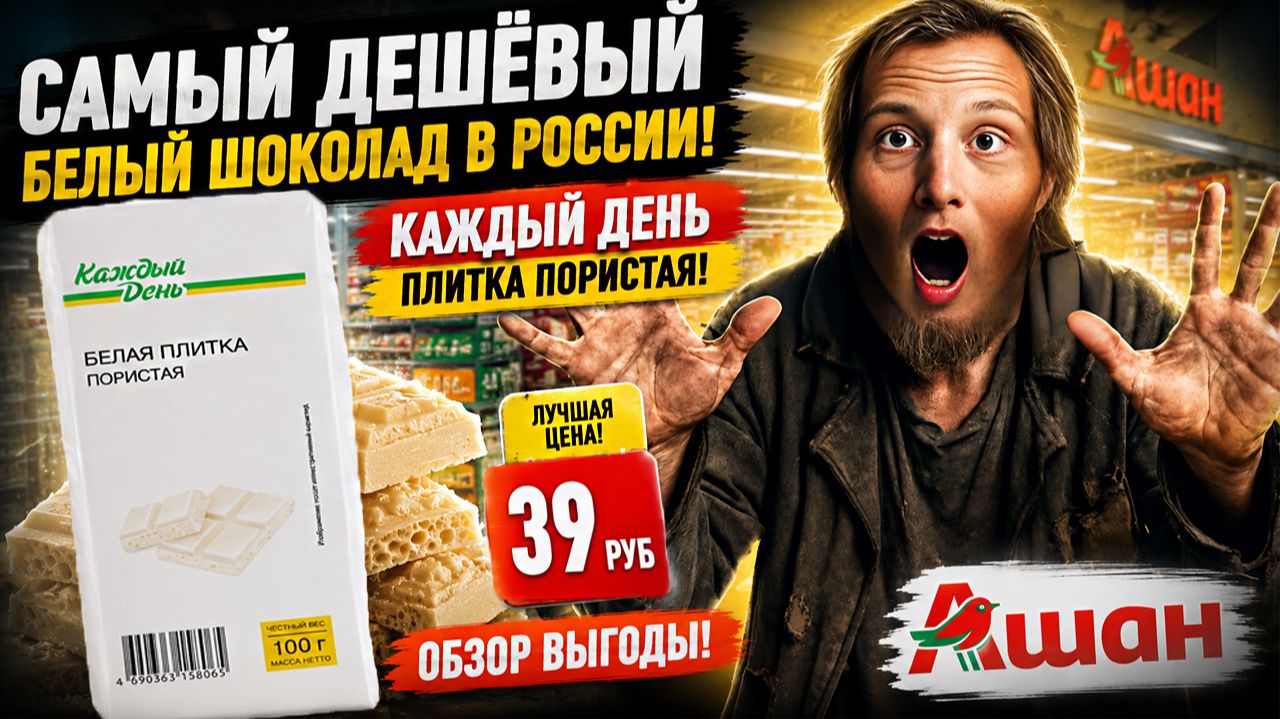 САМЫЙ ДЕШЁВЫЙ БЕЛЫЙ ШОКОЛАД В РОССИИ НА ДАННЫЙ МОМЕНТ!КАЖДЫЙ ДЕНЬ АШАН ПЛИТКА ПОРИСТАЯ!ОБЗОР ВЫГОДЫ
