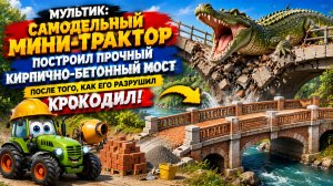 Мультфильм: мини-трактор построил прочный кирпично-бетонный мост после того, как его разрушил крокод