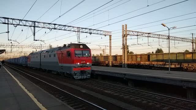 «Синара» 2ЭС6-1611 с контейнерным поездом следует по станции Мга