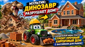 Мультфильм: Динозавр разрушает дом – мини-трактор строит прочный кирпичный дом с бассейном для рыбок