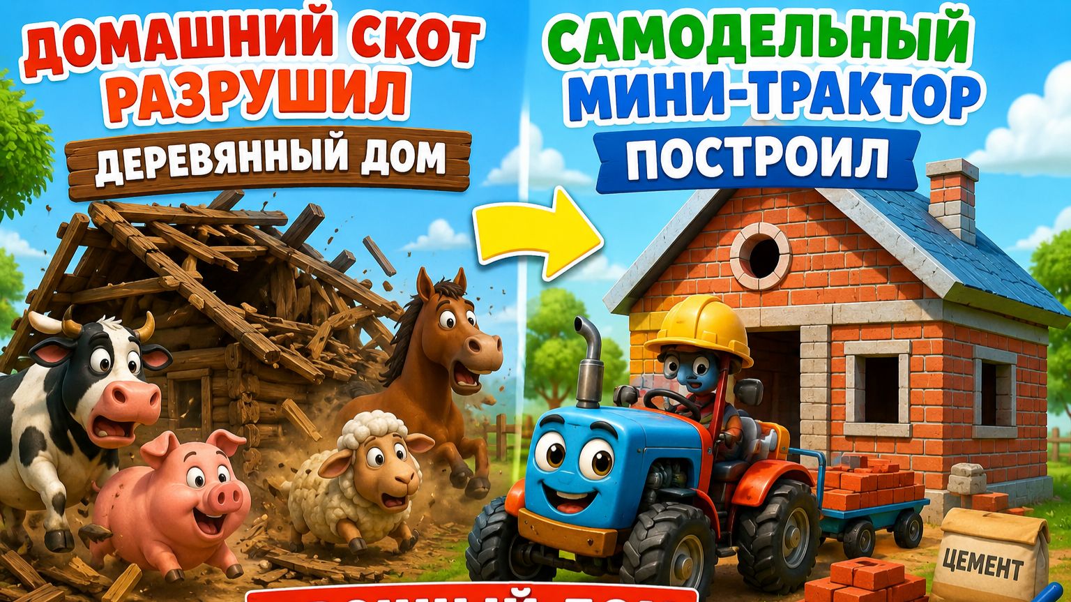 Мультфильм: Домашний скот разрушил деревянный дом, мини-трактор построил прочный дом из кирпича и це