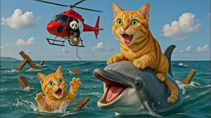 Дельфин спасает маму-кошку и котенка🌊🐬Мама-кошка и котенок в ответ свежей рыбкой 🎁
