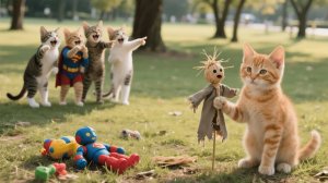 У бедного рыжего котенка нет игрушечных фигурок, поэтому мама-кошка делает одну вручную специально д