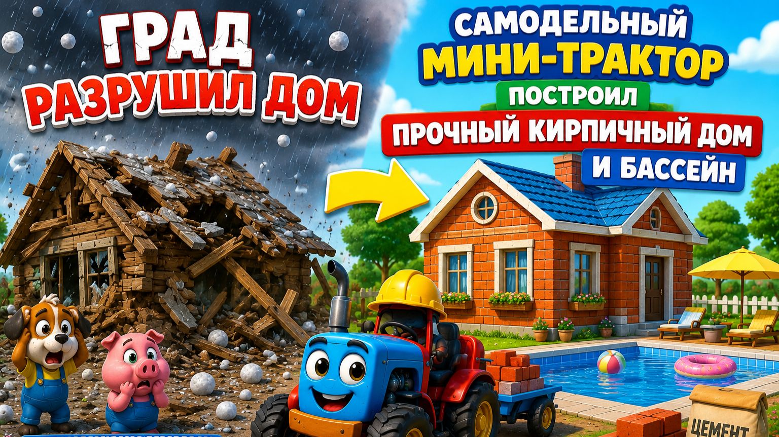 Мультфильм: Град разрушил дом — Самодельный мини-трактор построил прочный кирпичный дом и бассейн!