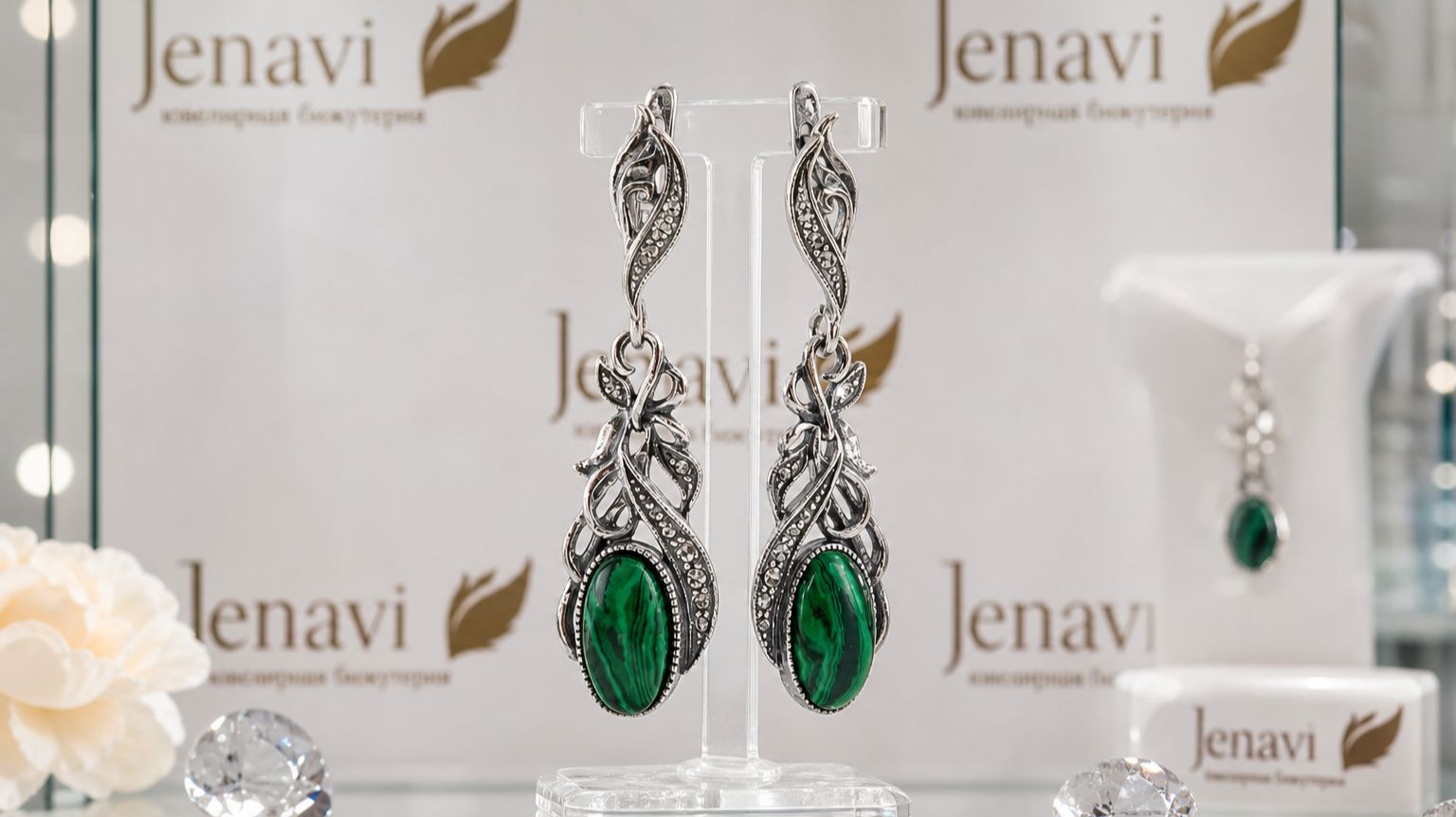 Серьги Эльбрус, (Покрытие: Черненое серебро. Малахит) "Jenavi", К1-078 смотреть онлайн