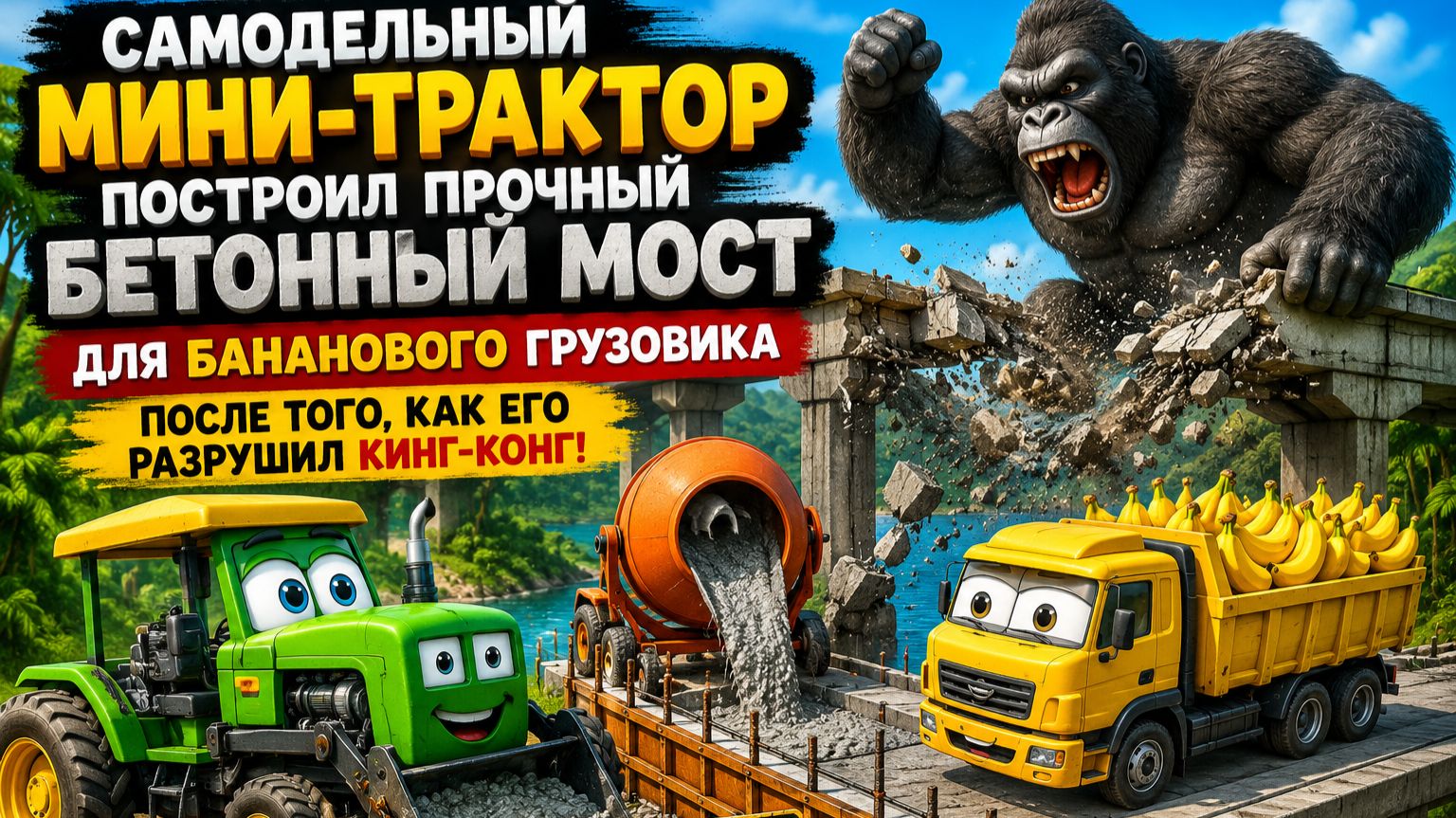Мультфильм: мини-трактор построил прочный бетонный мост для бананового грузовика после того...