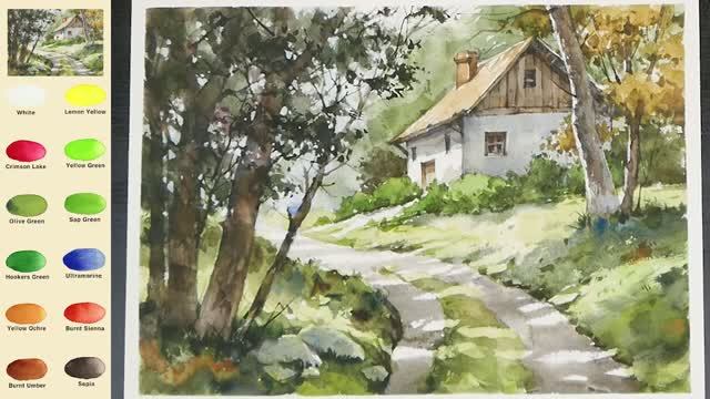Пейзажная акварель — сельская дорога