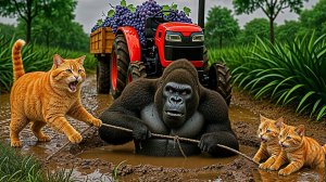 Мама-кошка и котенок собирают виноград 🍇🐱, но в итоге спасают пойманную обезьянку 🐒💔❤️