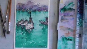 Демонстрация акварельной живописи. Лодки на воде