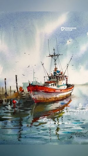 Акварельный морской пейзаж. Чернила и акварель