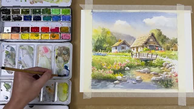 Спокойная акварельная картина — коттедж, ручей и отражение