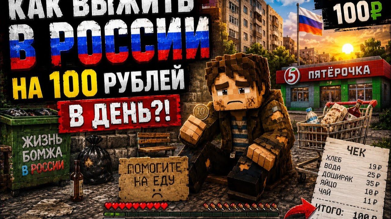 КАК ВЫЖИТЬ В РОССИИ НА 100 РУБЛЕЙ В ДЕНЬ?! МАЙНКРАФТ ЖИЗНЬ БОМЖА В РОССИИ
