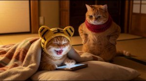 Котенок в тигровой шляпе тайно воспользовался телефоном в полночь и был пойман мамой-кошкой.