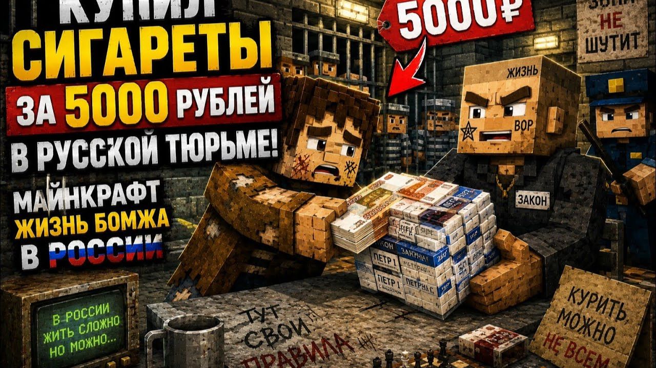 КУПИЛ СИГАРЕТЫ ЗА 5000 РУБЛЕЙ В РУССКОЙ ТЮРЬМЕ! МАЙНКРАФТ ЖИЗНЬ БОМЖА В РОССИИ